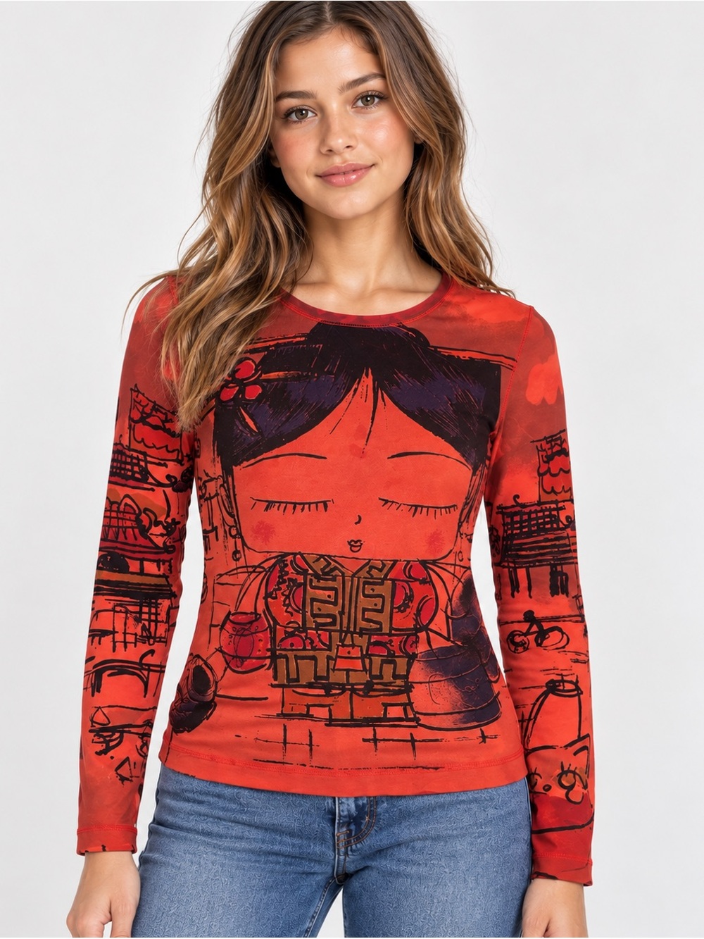 Chicos Sz 1 (M) Womenโs Shirt Asian inspired Illustrated Graphic Art Top Y2K